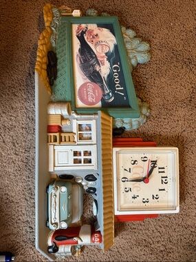 Vintage Coca Cola Green Framed Wall Clock with Retro Gas Station Scene